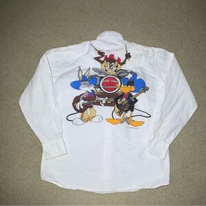 Vintage 1993 Looney Tunes Taz Western White Button Down Shirt Men’s Size Medium